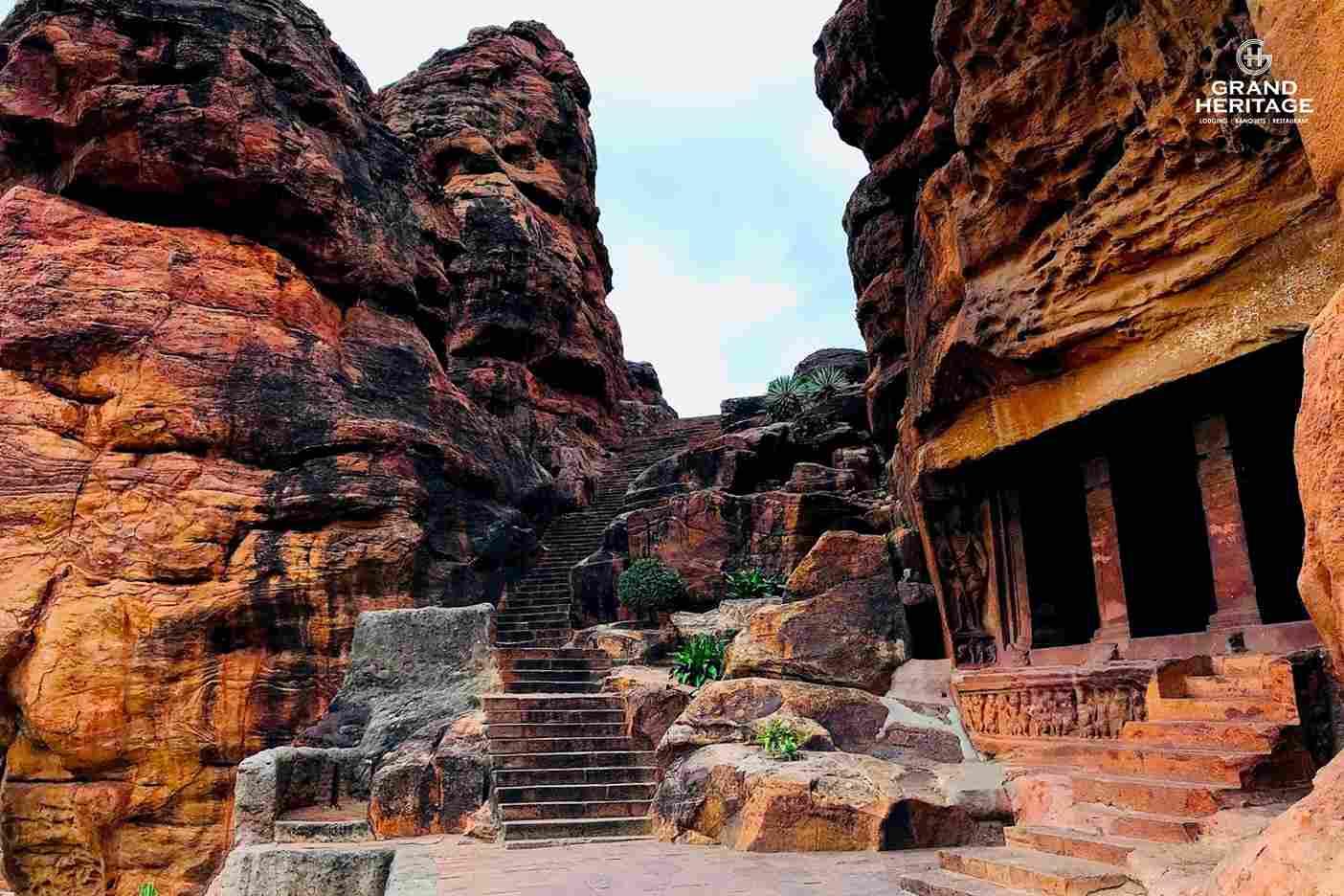 "Stone ramparts and watchtowers of Badami Fort